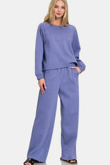 Outfit Flow - Zenana Round Neck Raglan Sleeve Top and Elastic Waist Pants Set