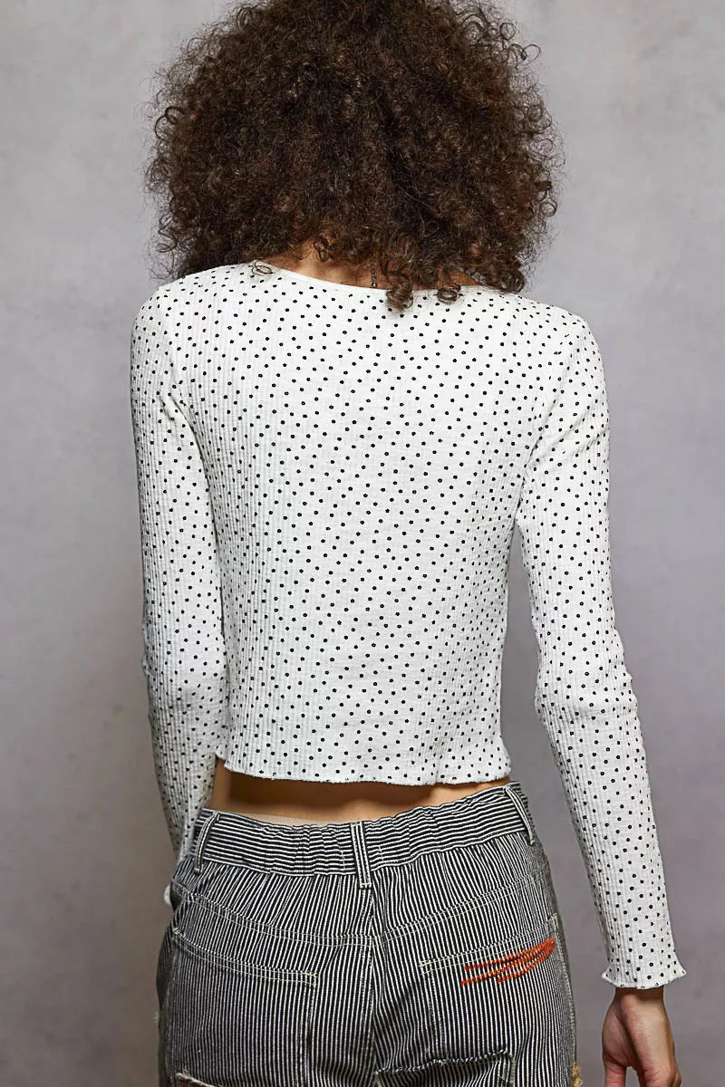 POL Button Down Polka Dot Ribbed Cardigan Trendsi