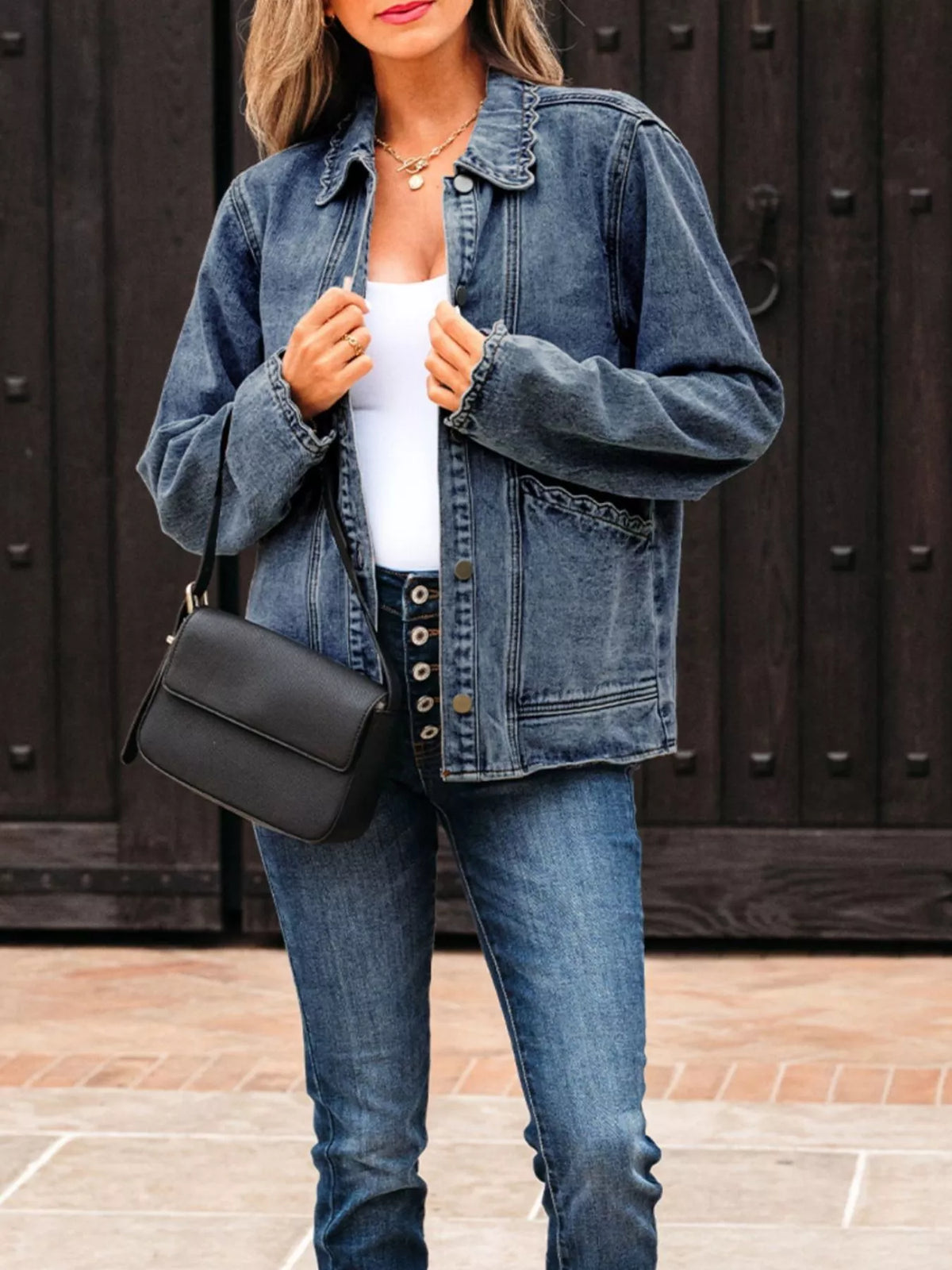 Scallop Trim Collar Patched Pocket Button Up Denim Jacket Navy OutfitFlow