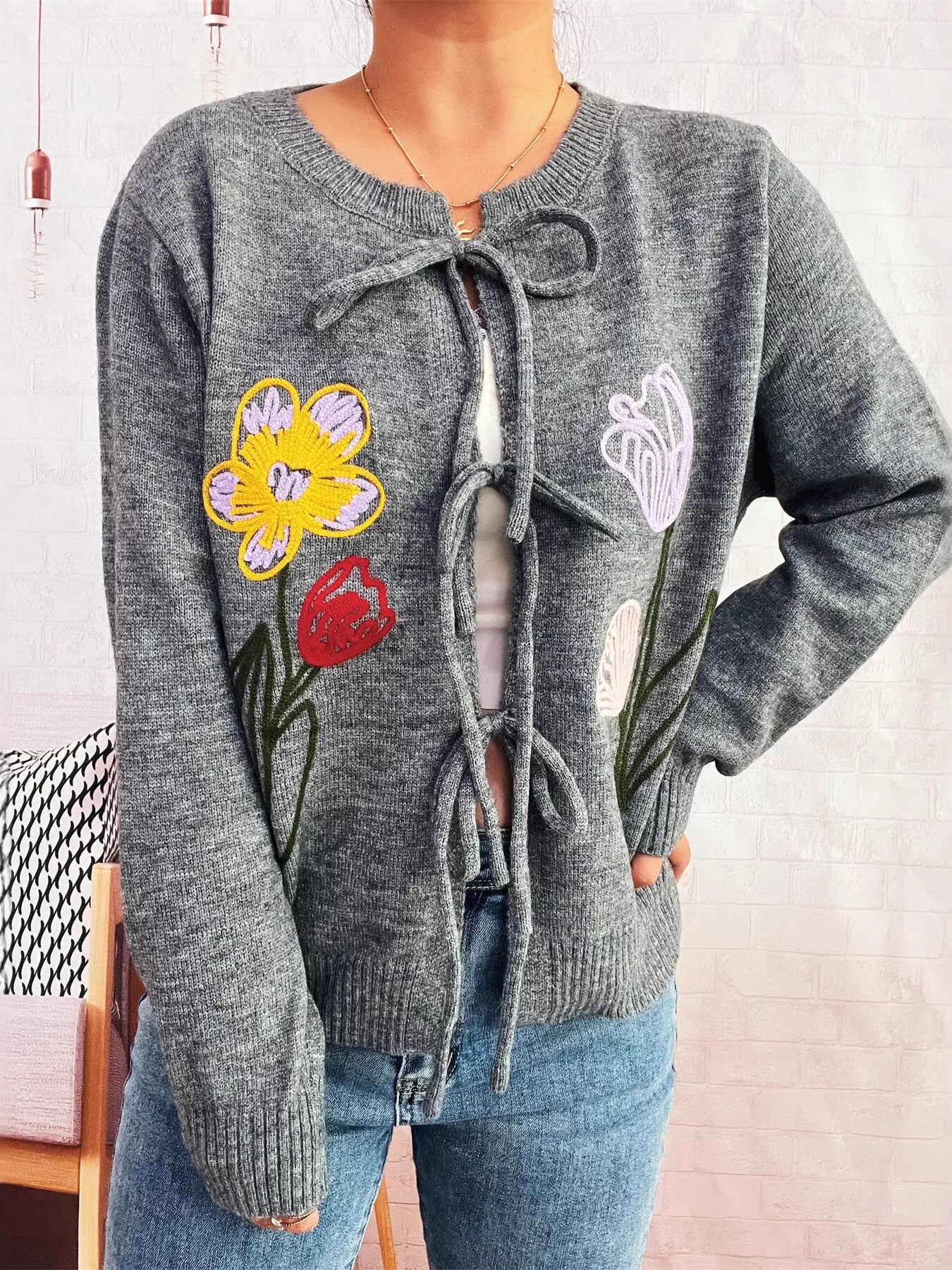 Floral Ribbed Hem Tie Front Cardigan Gray One Size OutfitFlow