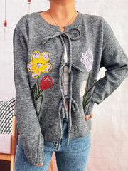 Floral Ribbed Hem Tie Front Cardigan Gray One Size OutfitFlow