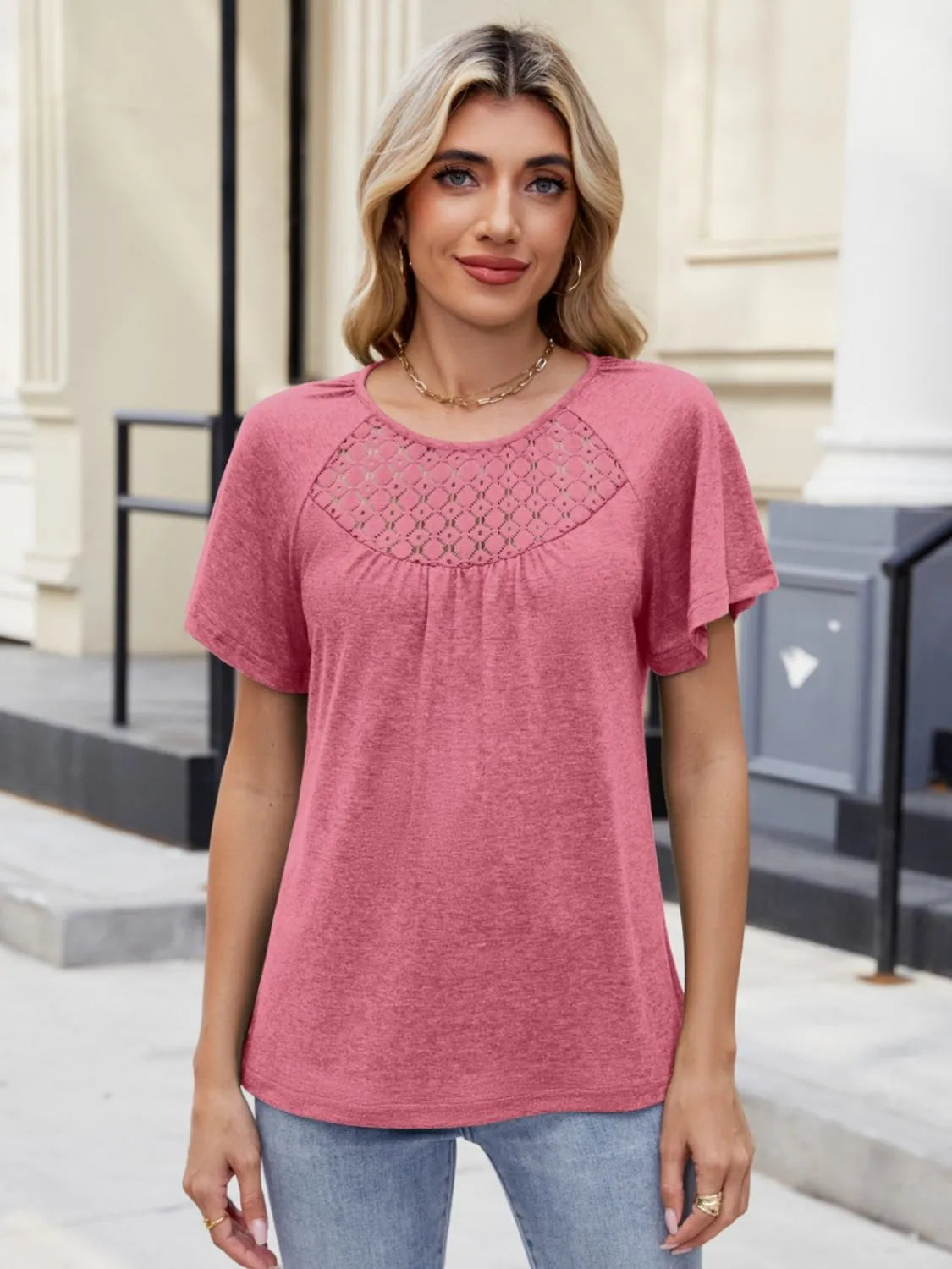 Lace Detail Round Neck Short Sleeve Blouse OutfitFlow