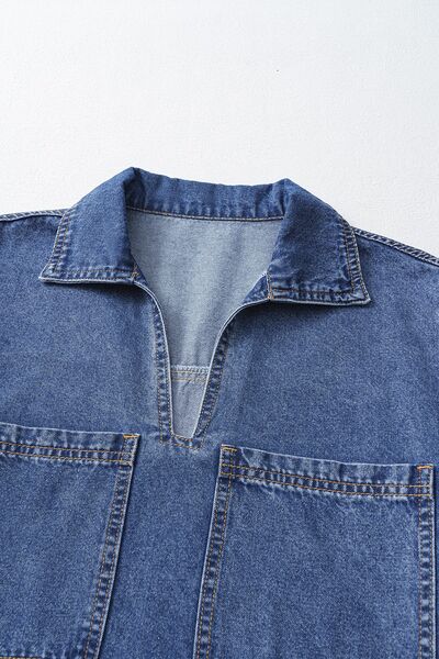 Short Sleeve Collared Patched Pocket Denim Mini Dress OutfitFlow