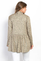 Be Stage Full Size Peplum Leopard Open Front Long Sleeve Cardigan OutfitFlow