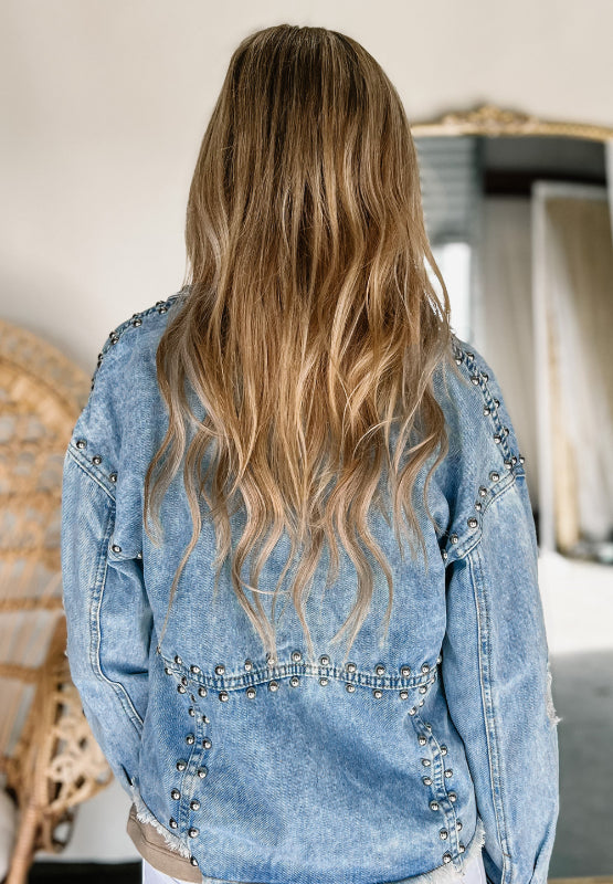 Outfit Flow - Studded Acid Wash Long Sleeve Denim Jacket