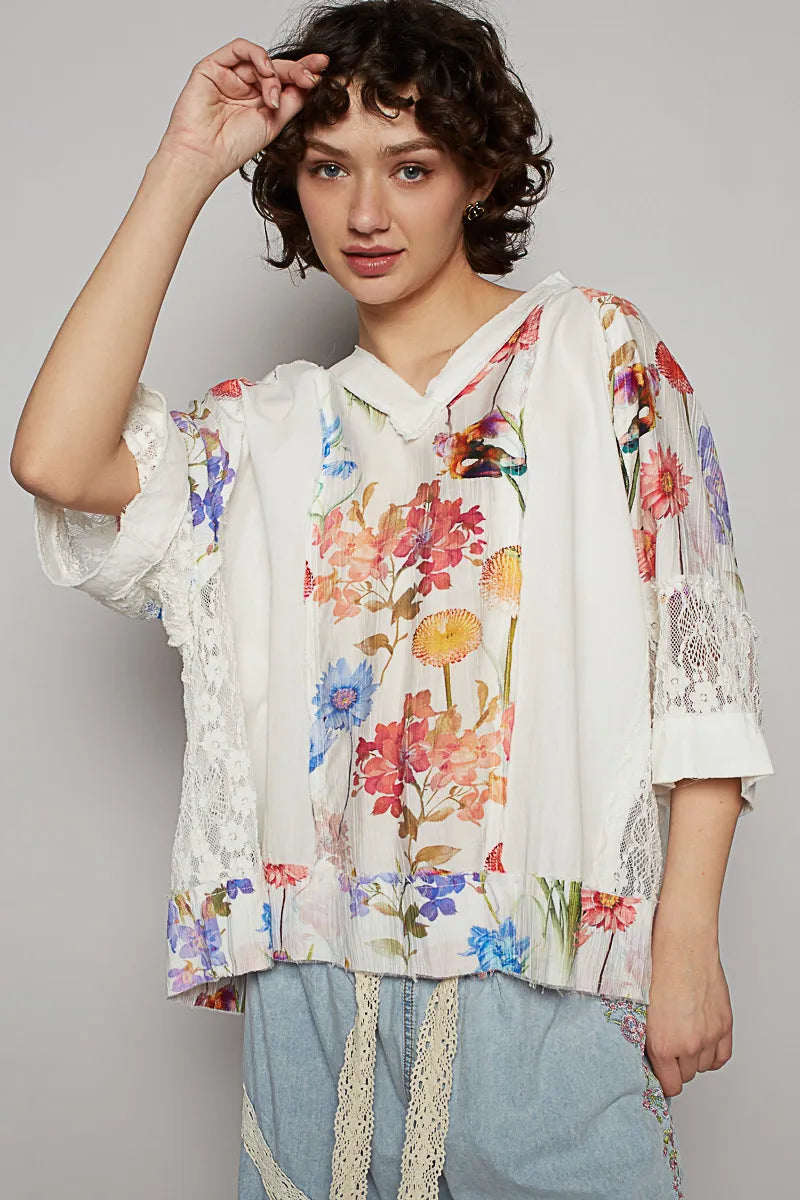 POL Floral V-Neck Raw Edge T-Shirt with Lace Detail White OutfitFlow