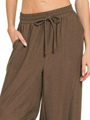 Zenana Woven Crepe Elastic Band Pants Trendsi