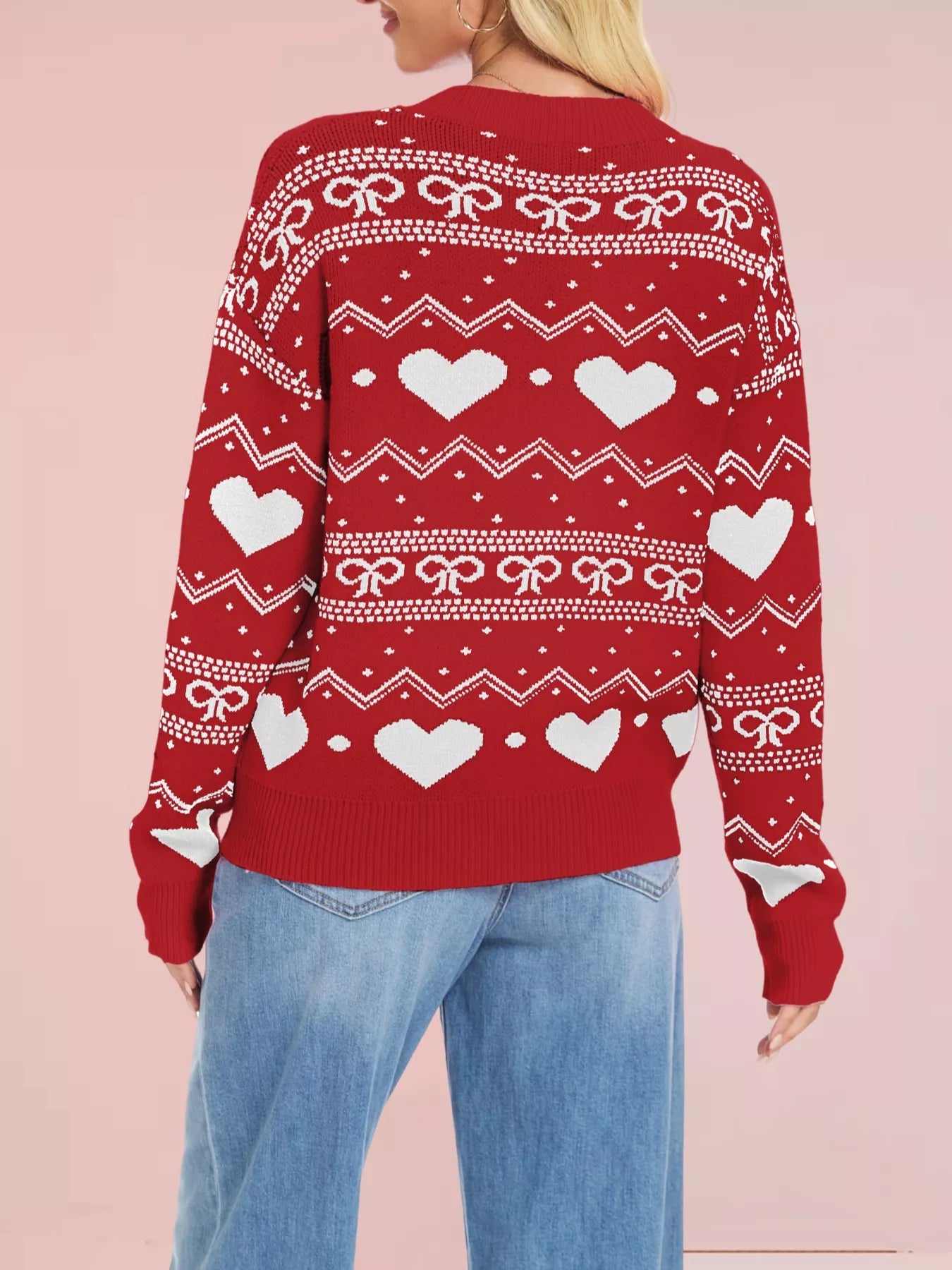 Heart & Bow Pattern Round Neck Sweater OutfitFlow