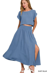 Zenana Woven Crinkle Gauze Crop Tee and Skirt Set OutfitFlow