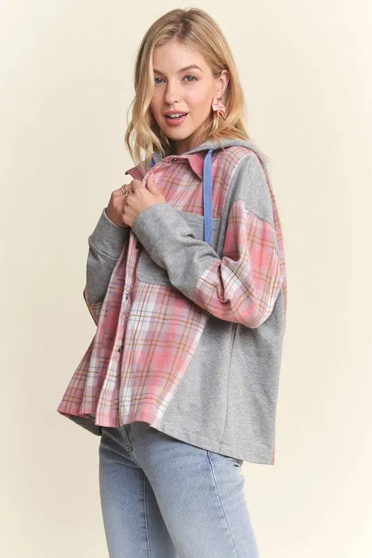 ADORA Button Down Plaid Hoodie Shacket OutfitFlow