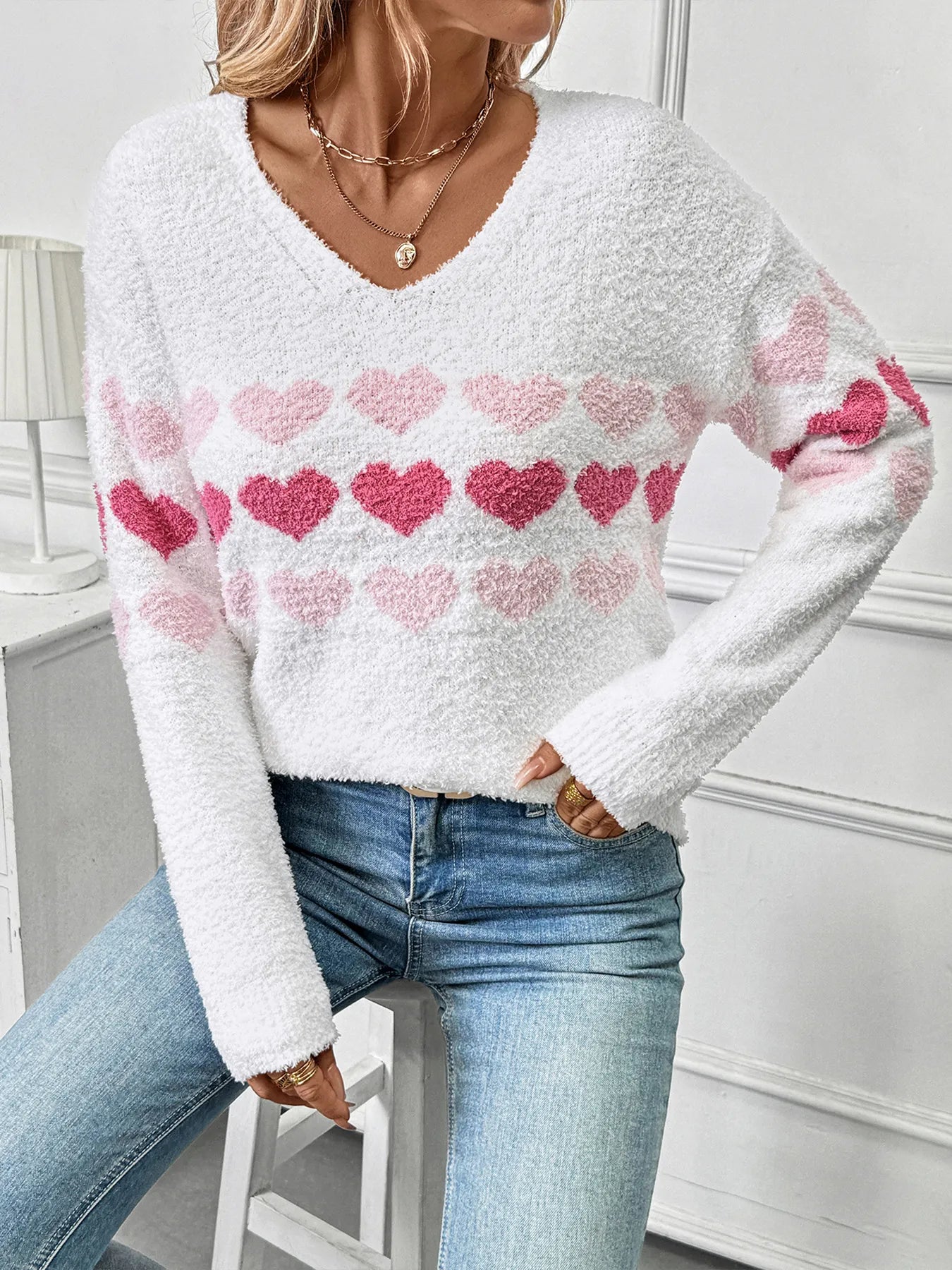 Heart Pattern V-Neck Sweater OutfitFlow