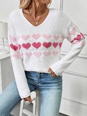 Heart Pattern V-Neck Sweater OutfitFlow