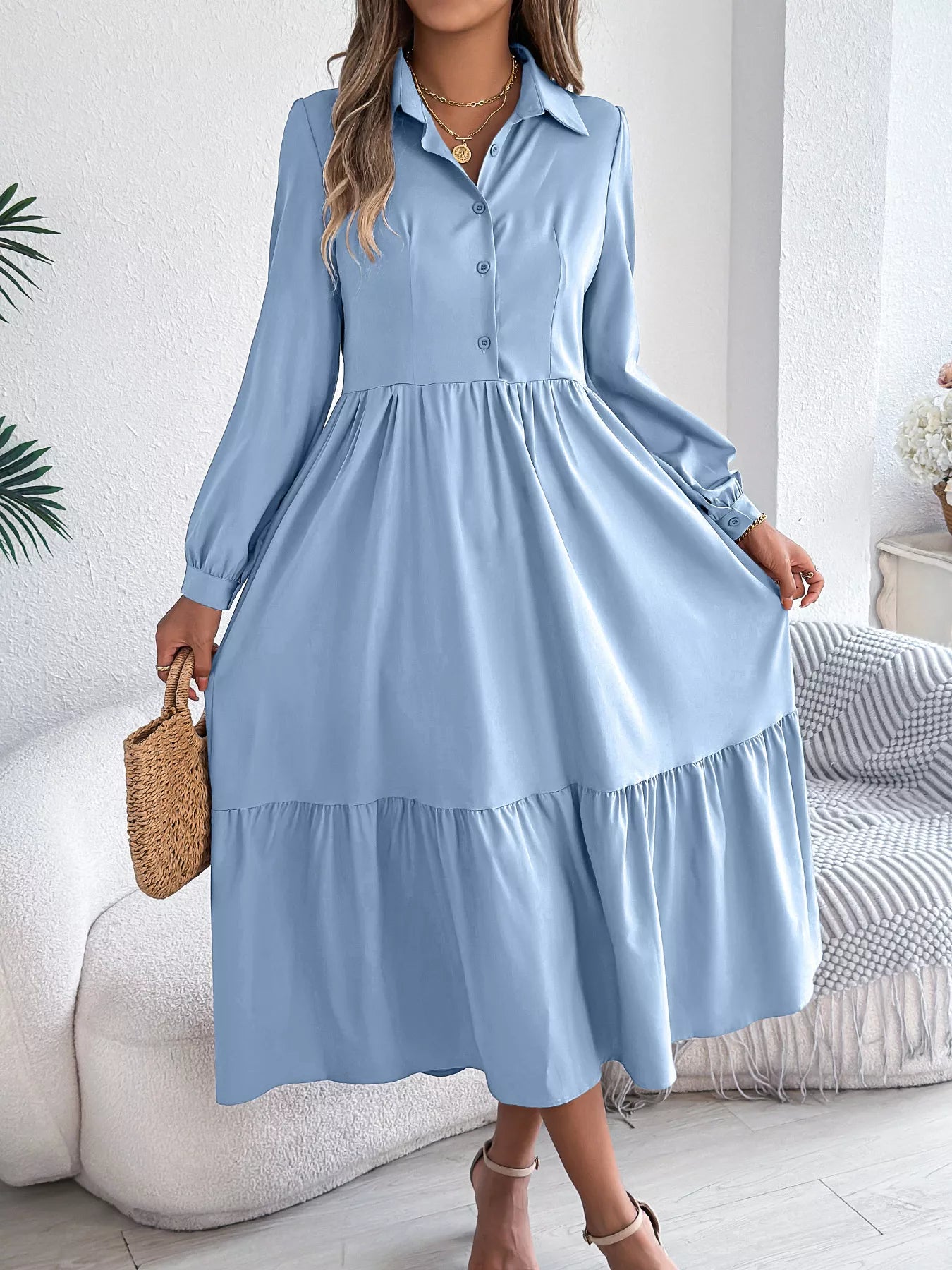 Long Sleeve Tiered Button Front Midi Dress Light Blue OutfitFlow