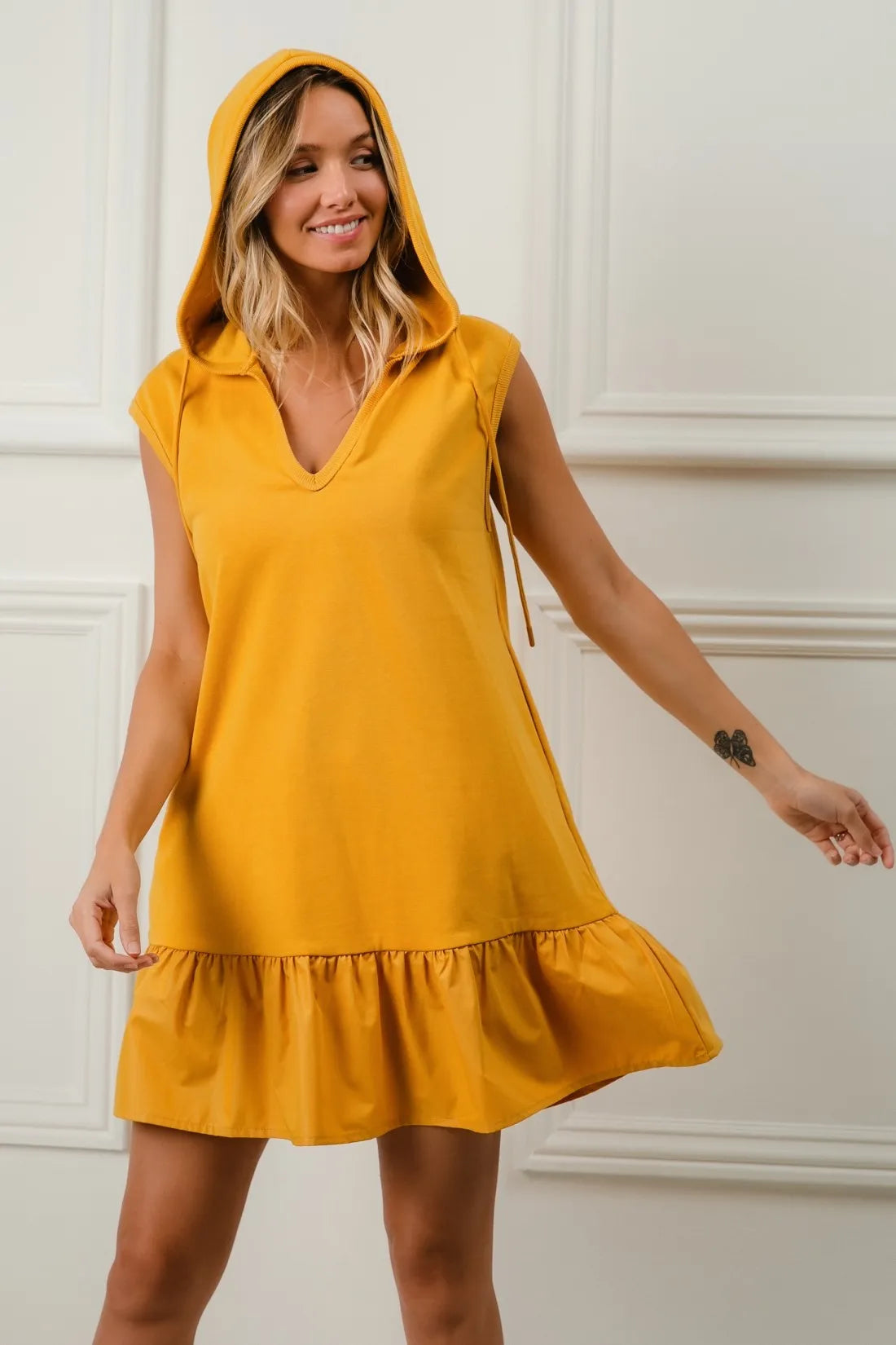 BiBi Ruffled French Terry Hooded Dress OutfitFlow