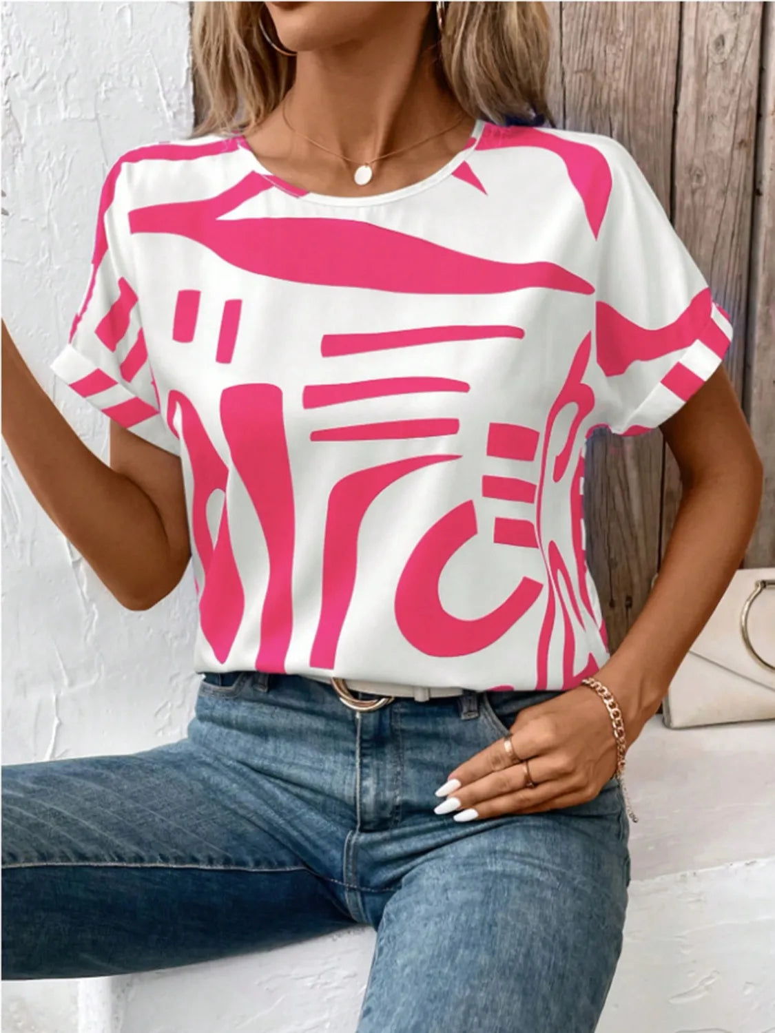 Contrast Round Neck Short Sleeve Blouse Hot Pink OutfitFlow