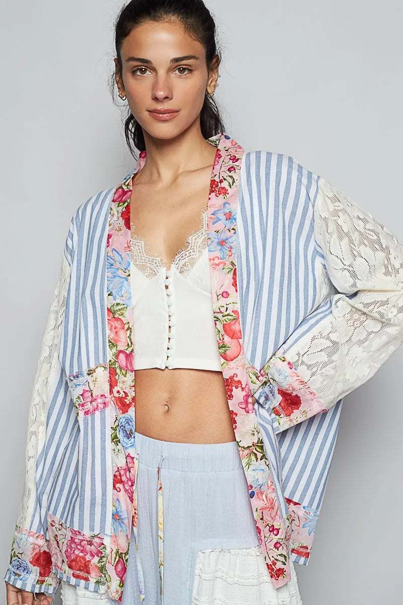 POL Lace Long Sleeve Striped Cardigan with Floral Patchwork Detail OutfitFlow