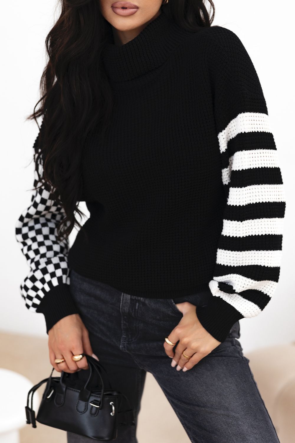 Outfit Flow - Striped & Checkered Turtleneck Dropped Shoulder Sweater