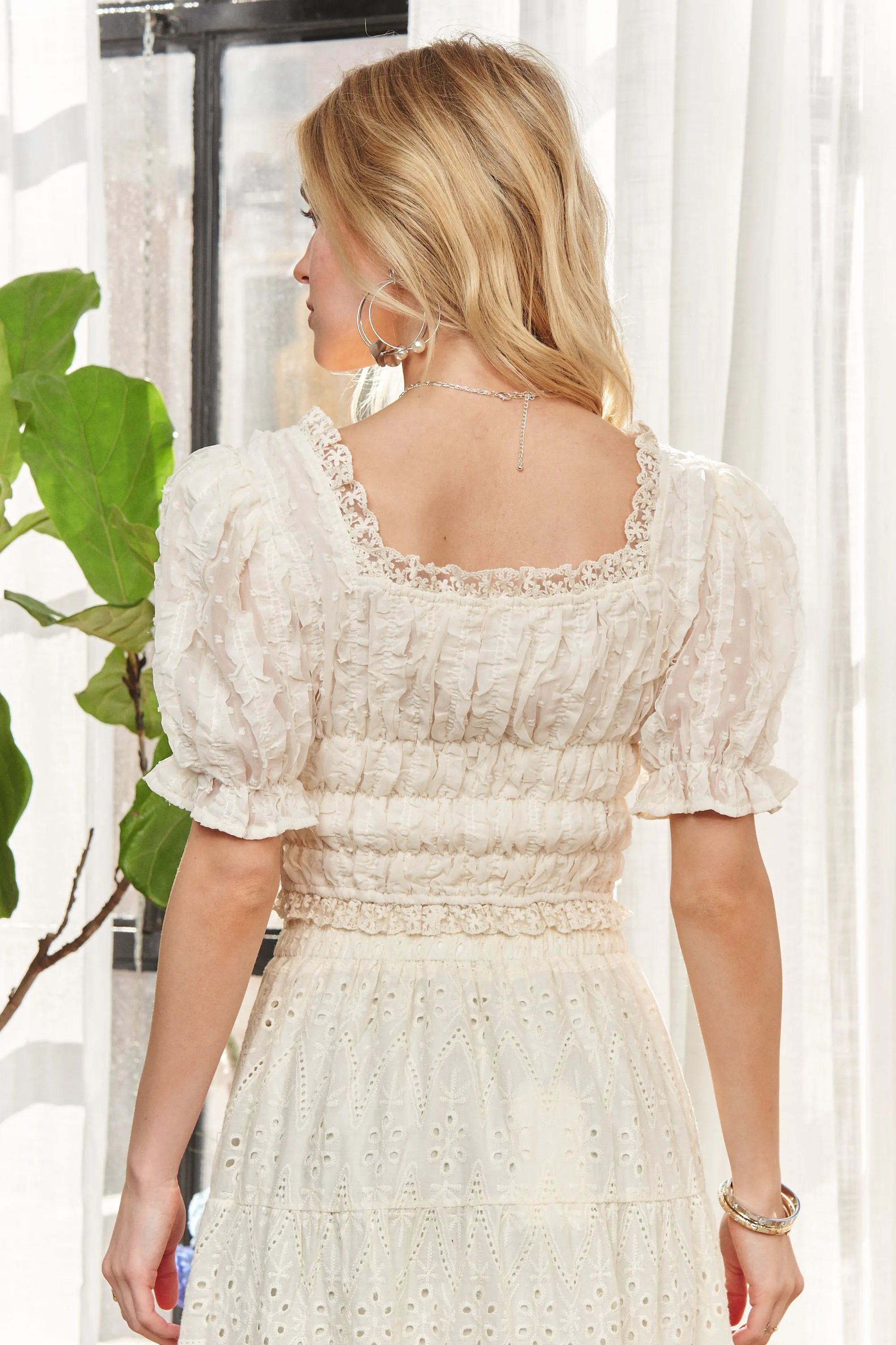 ADORA Lace Smocked Waist Peasant Top OutfitFlow