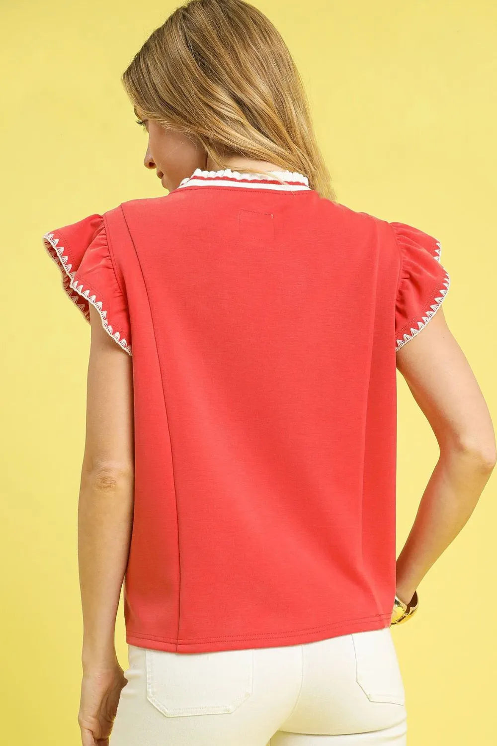 Umgee Contrast Trim Ruffle Cap Sleeve Blouse OutfitFlow