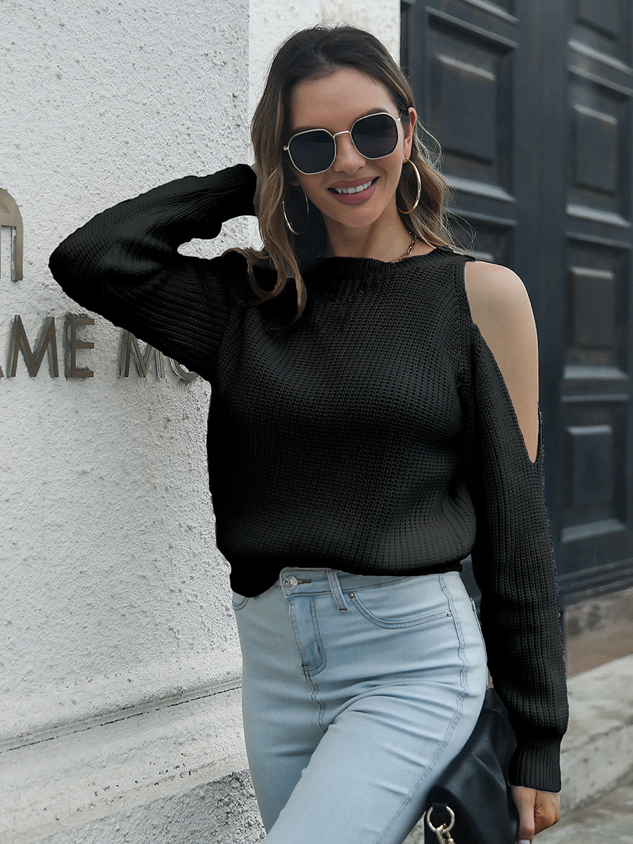 Cold-Shoulder Round Neck Sweater Black Trendsi