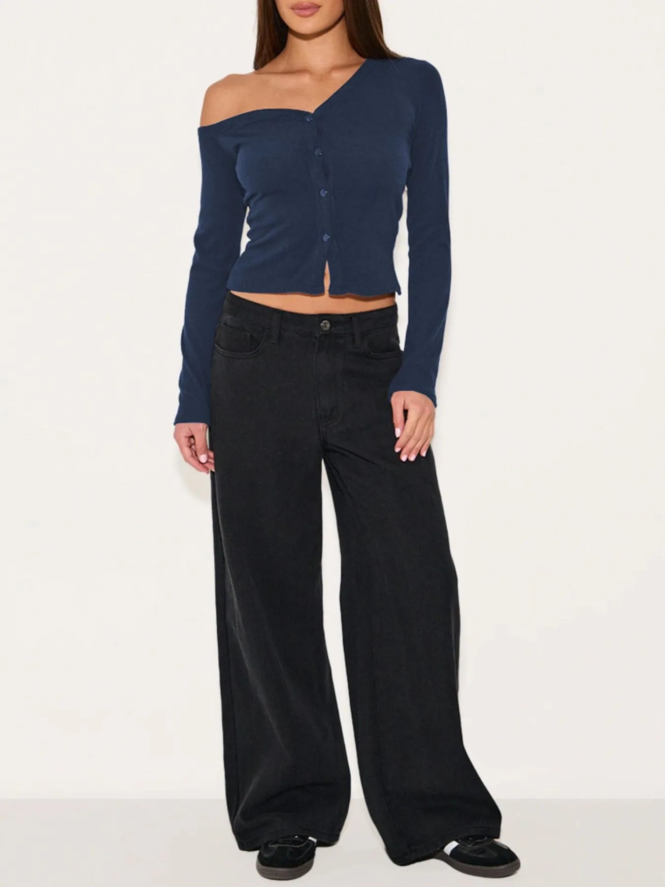 Asymmetrical Neck Button Up Cardigan OutfitFlow