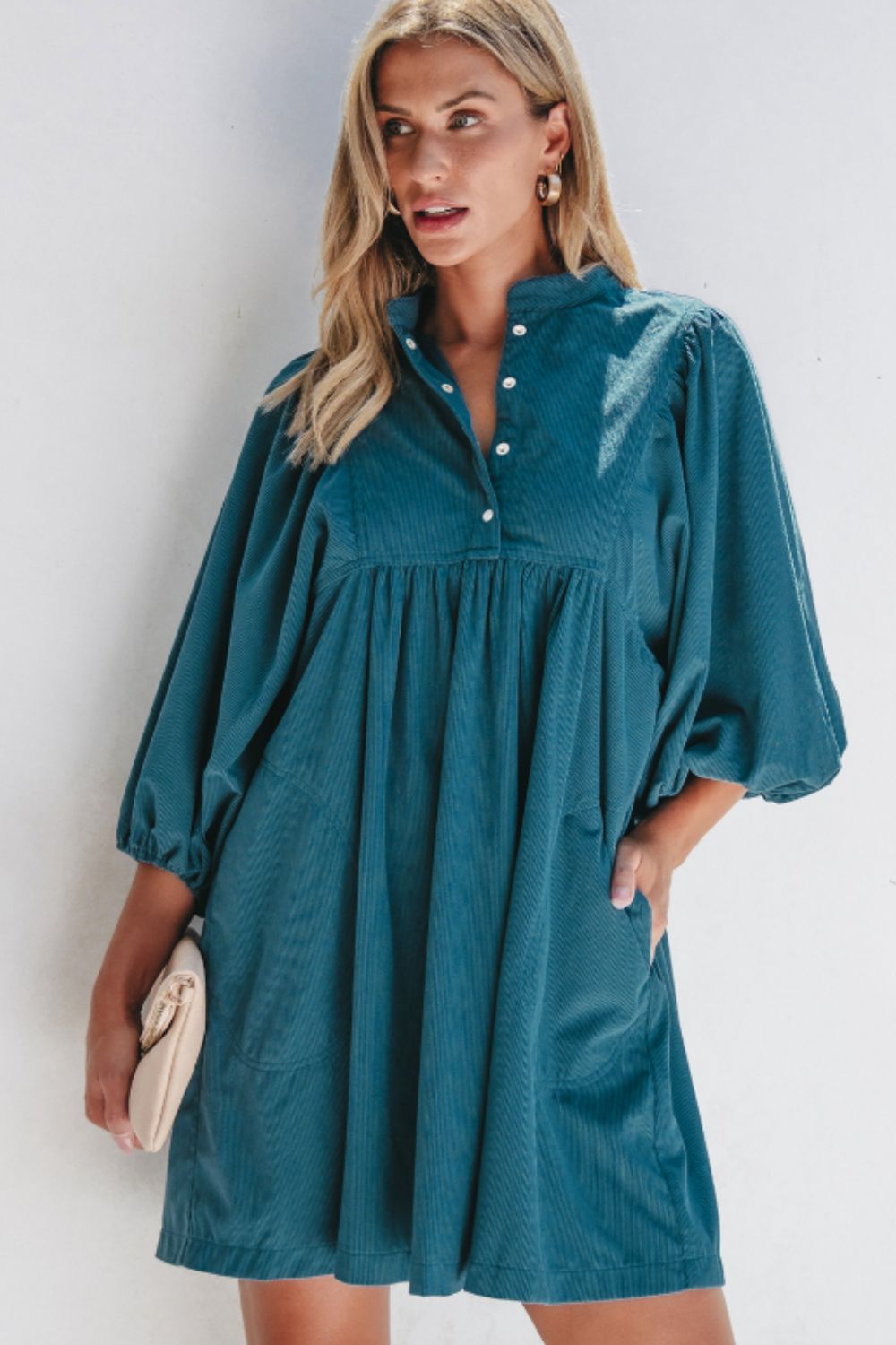 Corduroy Quarter Snap Three-Quarter Sleeve Dress Peacock Blue OutfitFlow