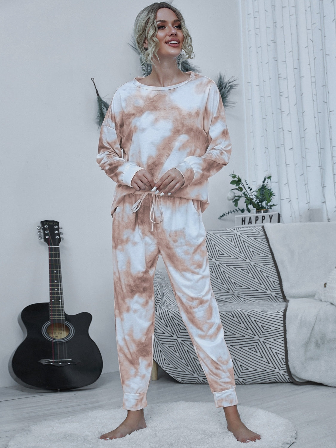 Outfit Flow - Shiny Tie-dye Round Neck Top and Drawstring Pants Lounge Set