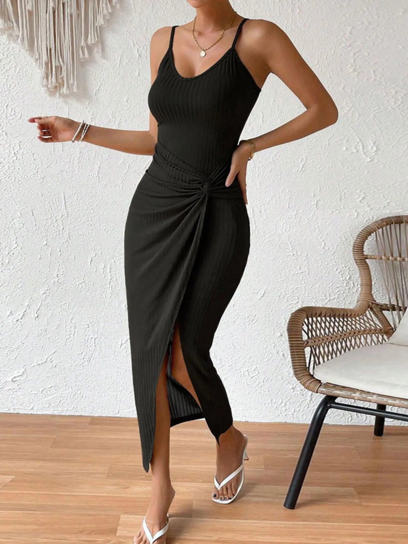 Ribbed Wrap Midi Dress with Side Slit OutfitFlow