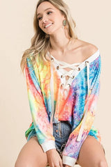 BiBi Tie Dye Deep V-neck Top With Lace Up Front Trendsi