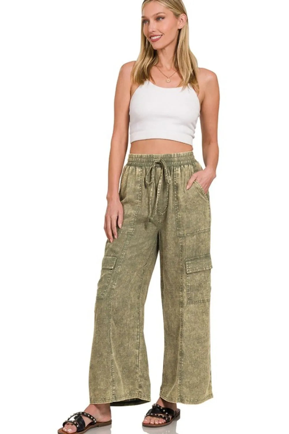 Zenana Washed Linen Elastic Band Waist Cargo Pants OutfitFlow