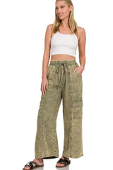 Zenana Washed Linen Elastic Band Waist Cargo Pants OutfitFlow