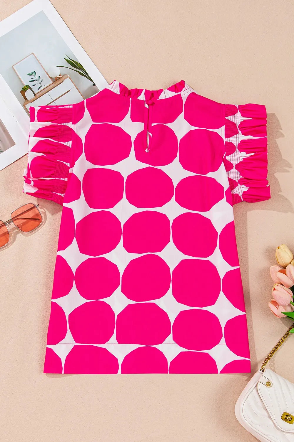 Bubblegum Pattern Frilled Collar Flutter Sleeve Top OutfitFlow