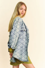 Outfit Flow - Davi & Dani Curved Hem Diamond Quilted Button Up Denim Shacket