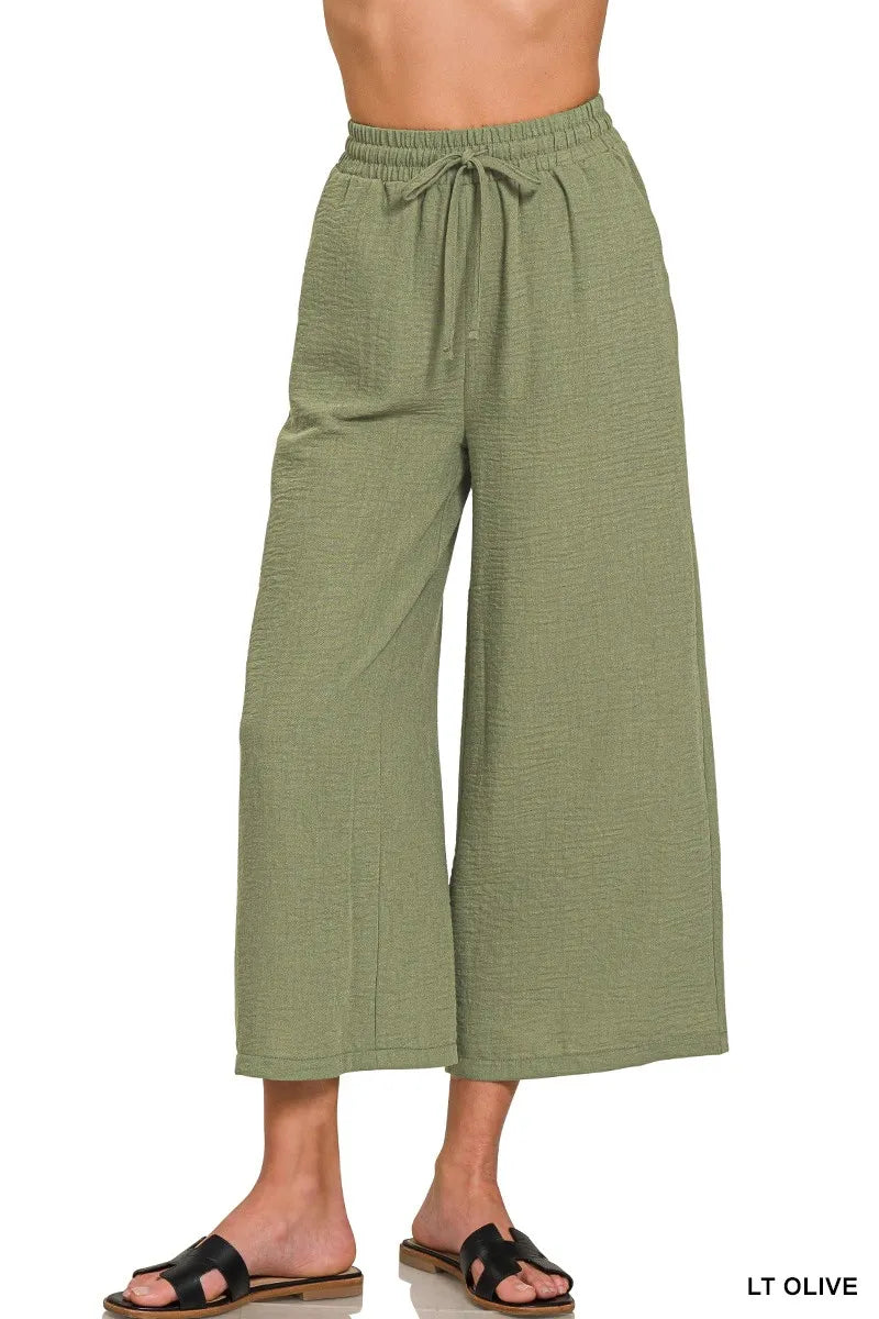 Zenana Woven Crepe Elastic Band Waist Cropped Pants OutfitFlow