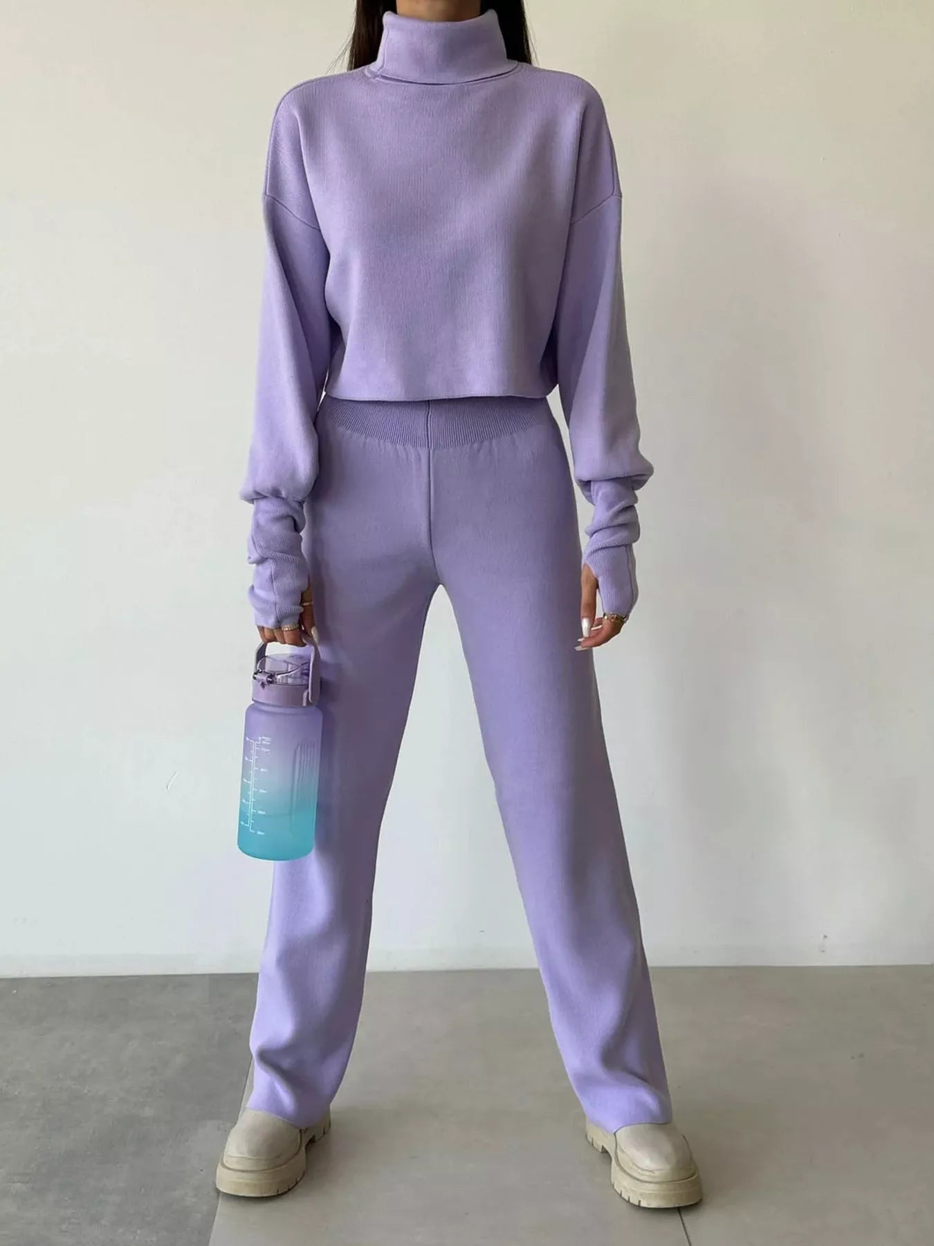 Turtleneck Long Sleeve Top & Pants Set OutfitFlow