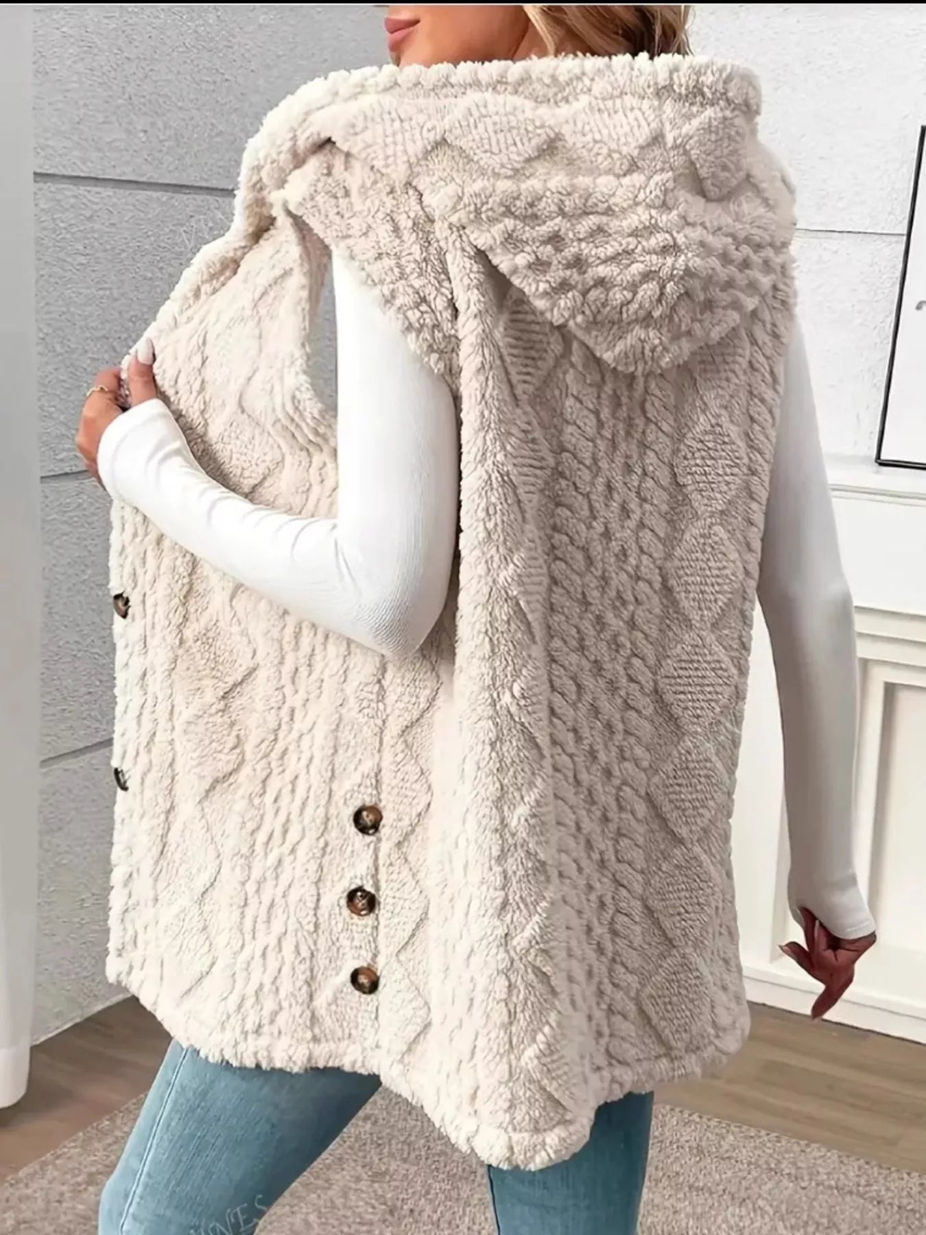 Button Up Plush Hooded Vest Coat OutfitFlow