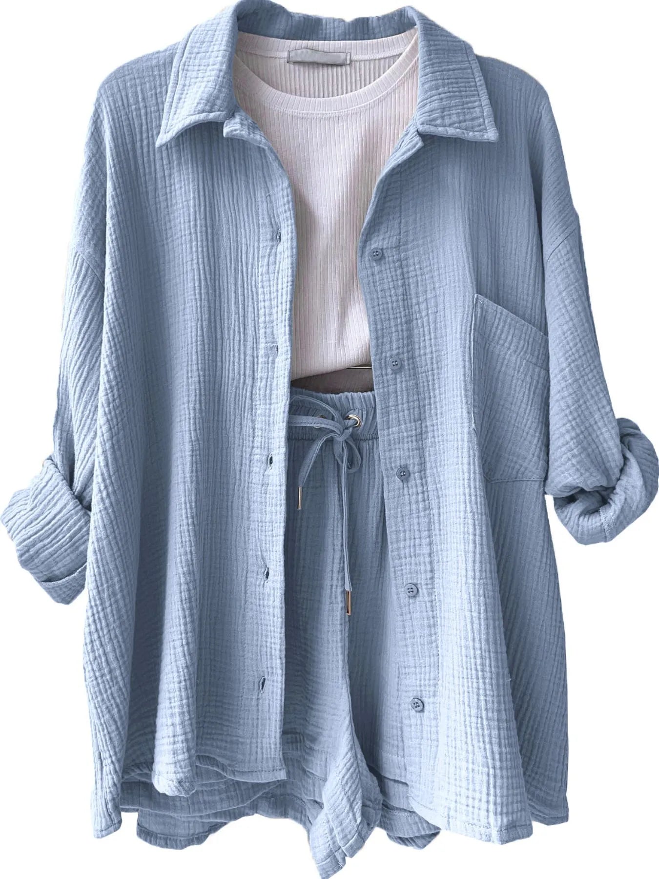 Textured Button Up Shirt and Shorts Set Light Blue OutfitFlow