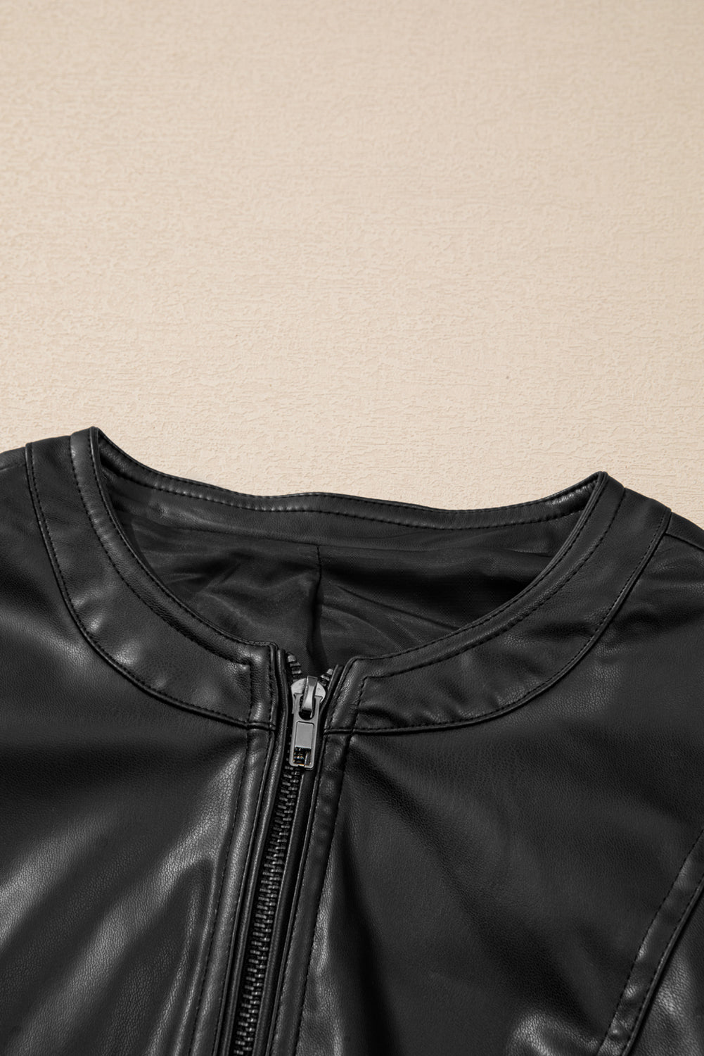 Outfit Flow - PU Leather Round Neck Long Sleeve Jacket