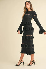 MABLE Long Sleeve Tiered Ruffle Knit Midi Dress OutfitFlow