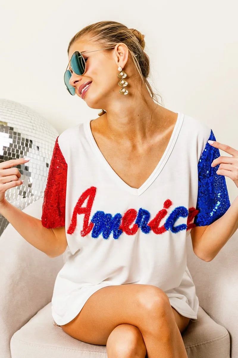 BiBi Metallic Letter V-neck Sequin Sleeves Top OutfitFlow