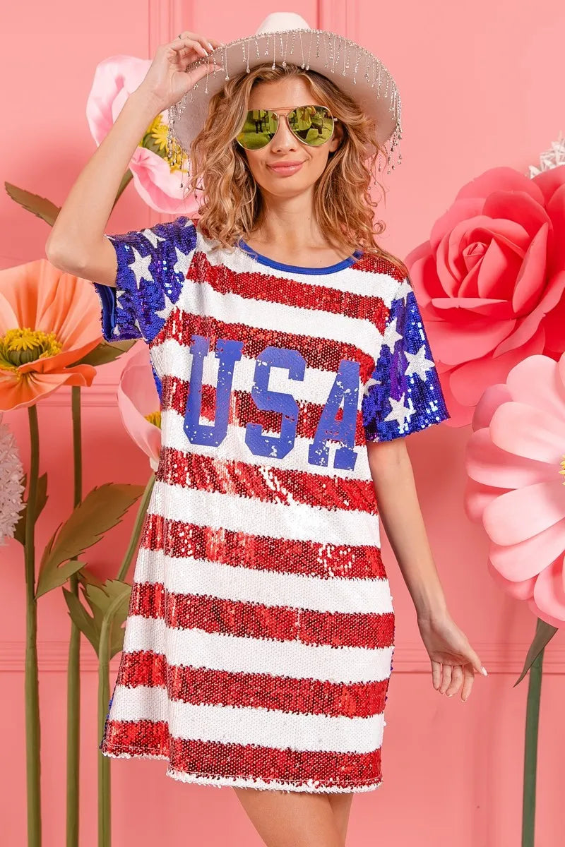 BiBi American Flag Theme Usa Print Sequin Dress OutfitFlow
