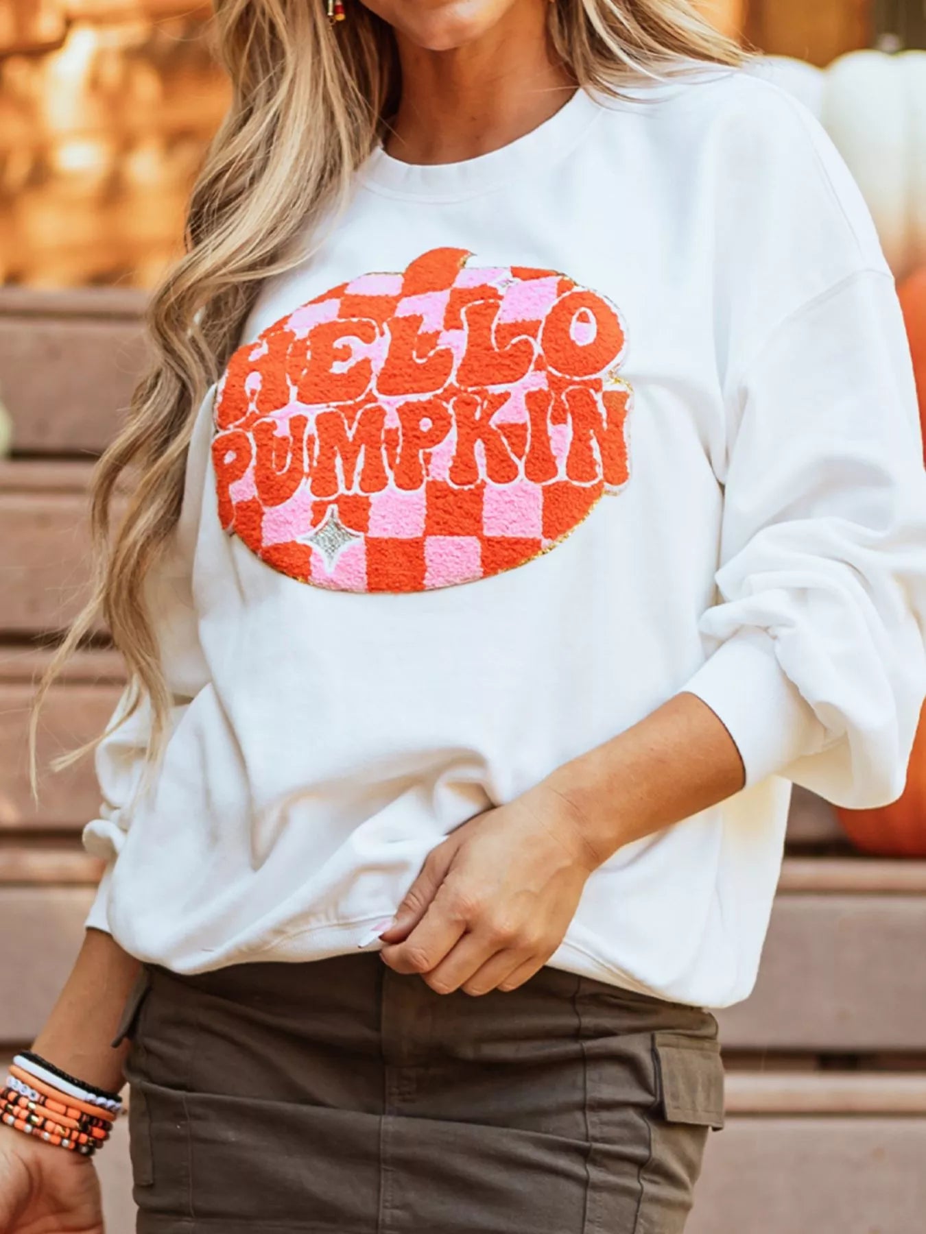 Halloween Pumpkin Patched Pattern Long Sleeve Sweatshirt OutfitFlow