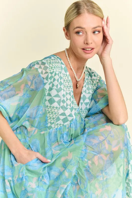 Davi & Dani Geo and Floral Print Mixed Tiered Dress OutfitFlow