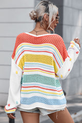 Outfit Flow - Hollow Striped Color Block Round Neck Sweater