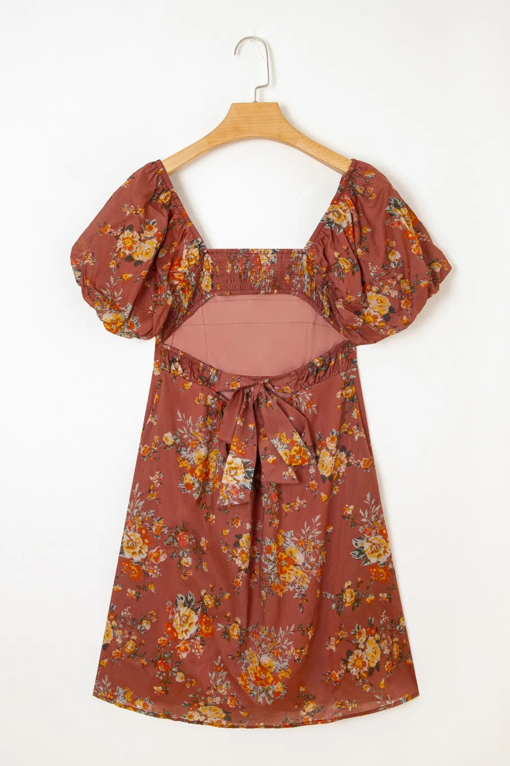 Floral Puff Sleeve Square Neck Knot Open Back Mini Dress OutfitFlow