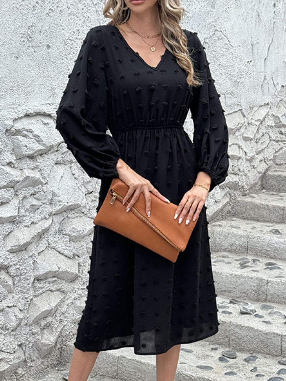 Outfit Flow - Full Size Swiss Dot V-Neck Long Sleeve Midi Dress