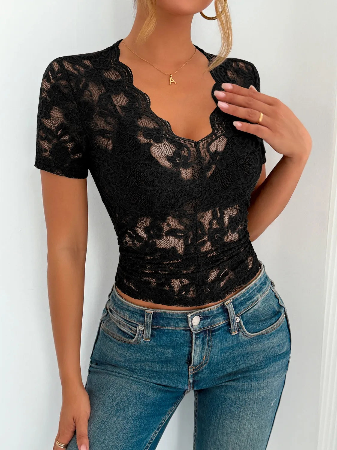 Lace V-Neck Short Sleeve Top OutfitFlow