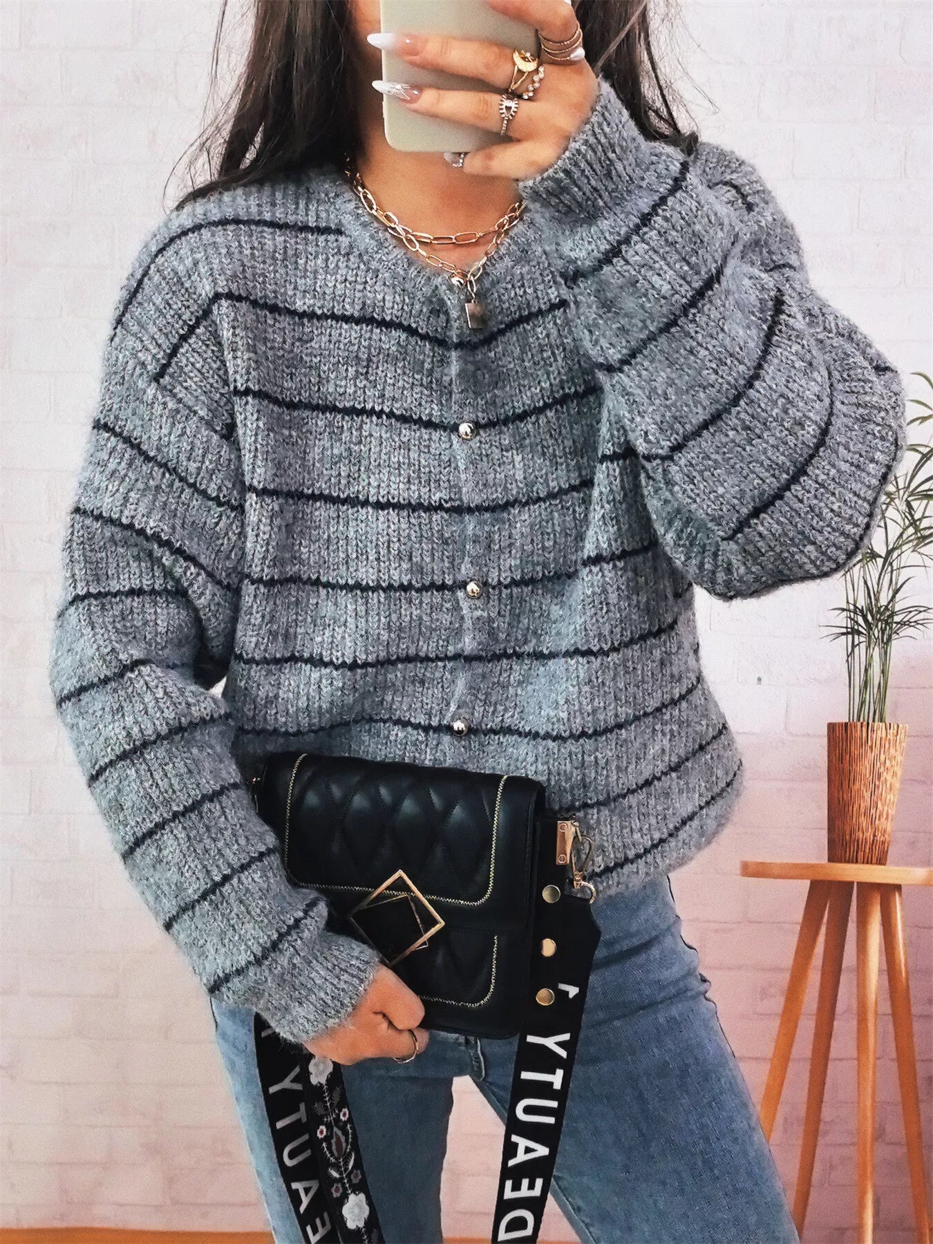 Striped Button Up Long Sleeve Cardigan OutfitFlow