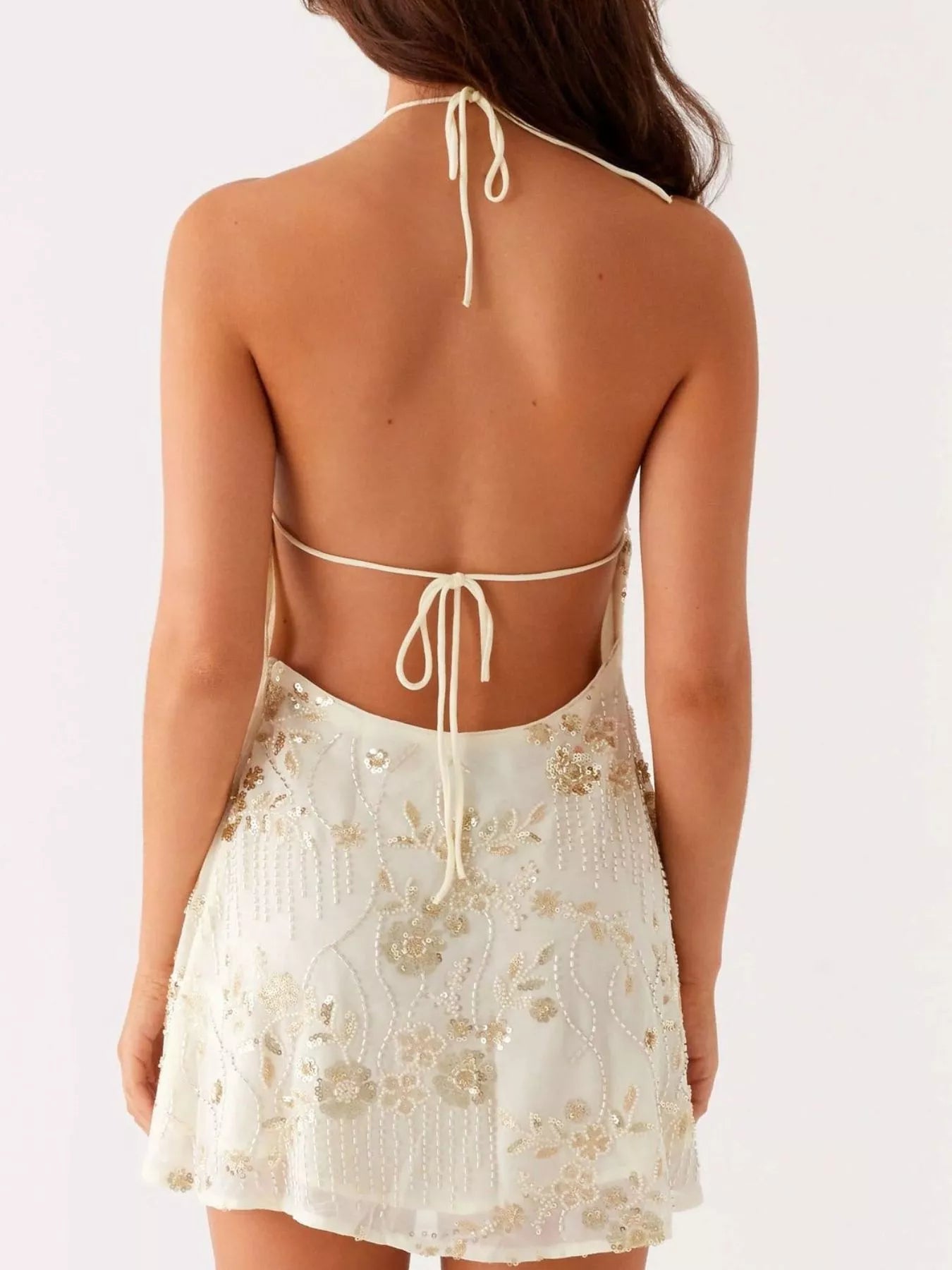 Backless Embroidered Halter Neck Mini Dress OutfitFlow