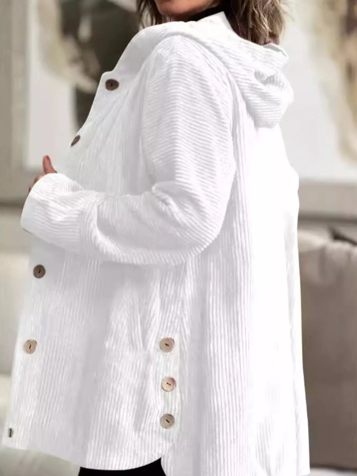 Full Size Corduroy Hooded Button-Up Jacket Plus Size White OutfitFlow